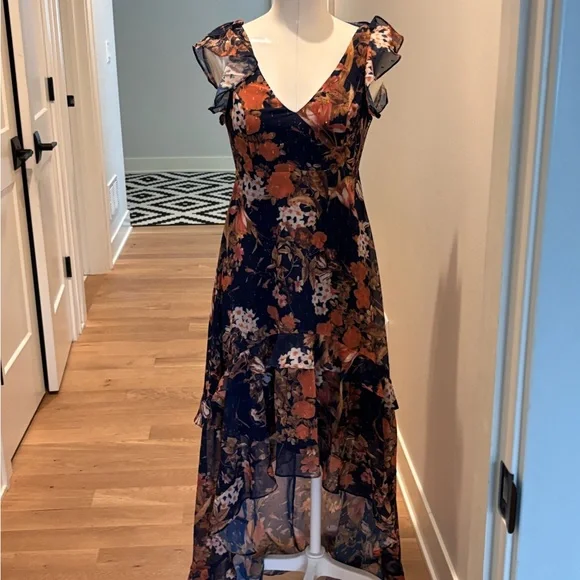 lulus Stunning Favorite Navy Blue Floral Ruffled High-Low Maxi Dress - Picture 9 of 9